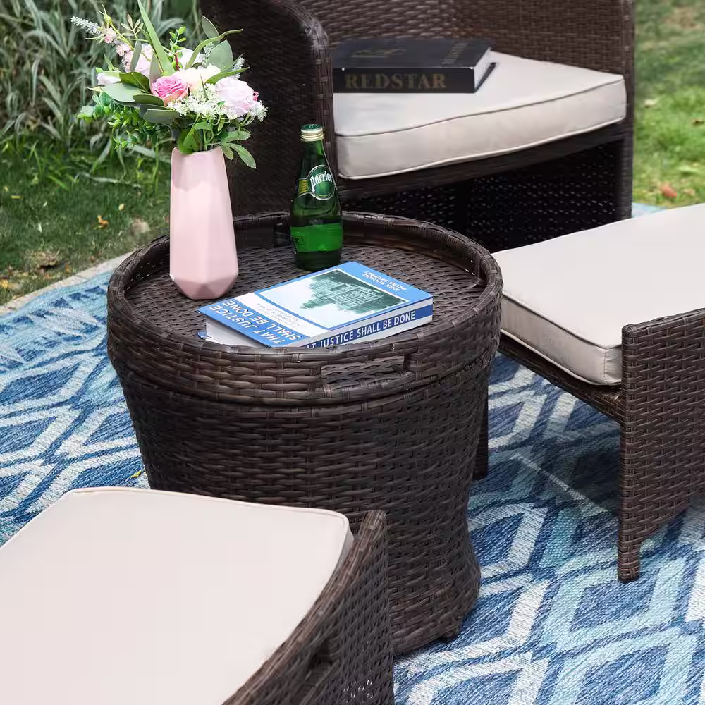 None Brown 5-Piece Wicker 2 Seat Steel Outdoor Patio Conversation Set with Beige Cushions, Round Rattan Table with Storage