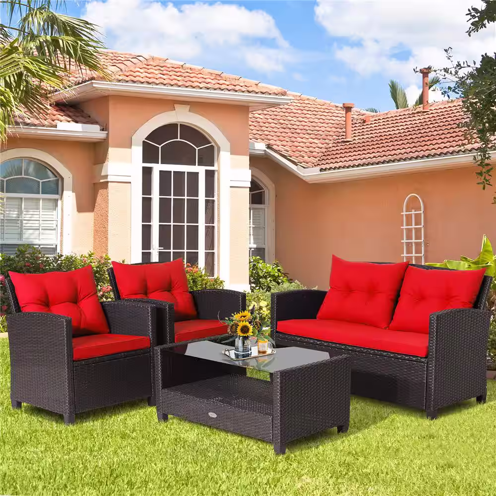 Costway 4 -Piece Patio Rattan Furniture Set Glass Table Shelf Sofa Cushion Red