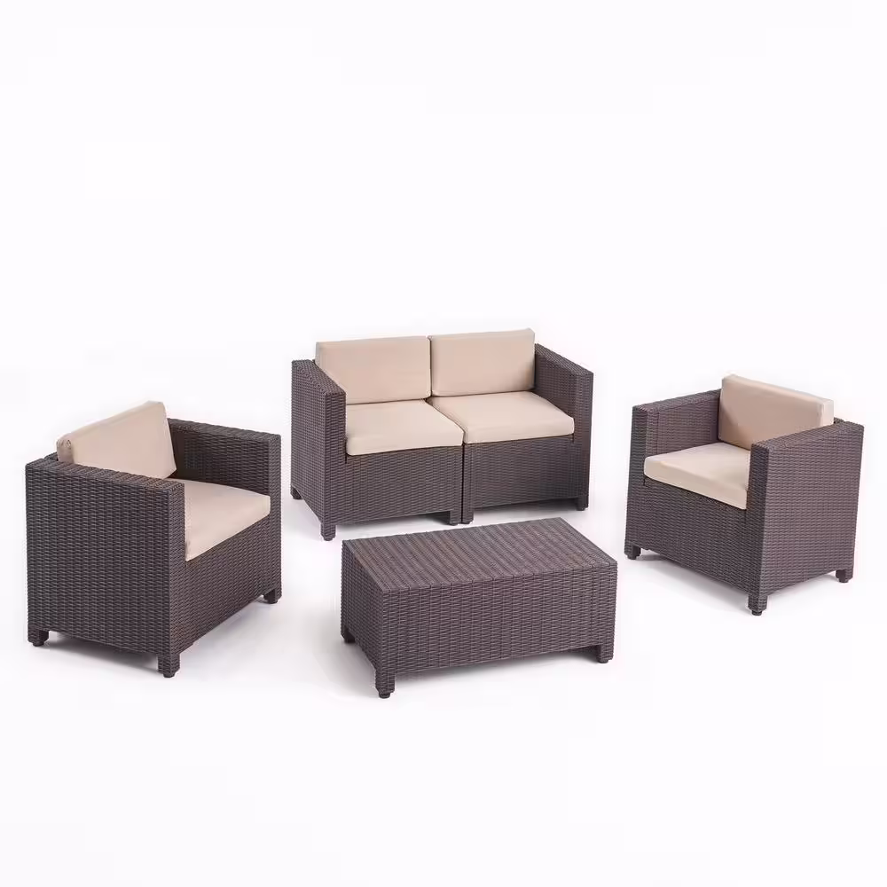 Noble House Primrose Dark Brown 4-Piece All Weather Faux Rattan Patio Conversation Set with Beige Cushions