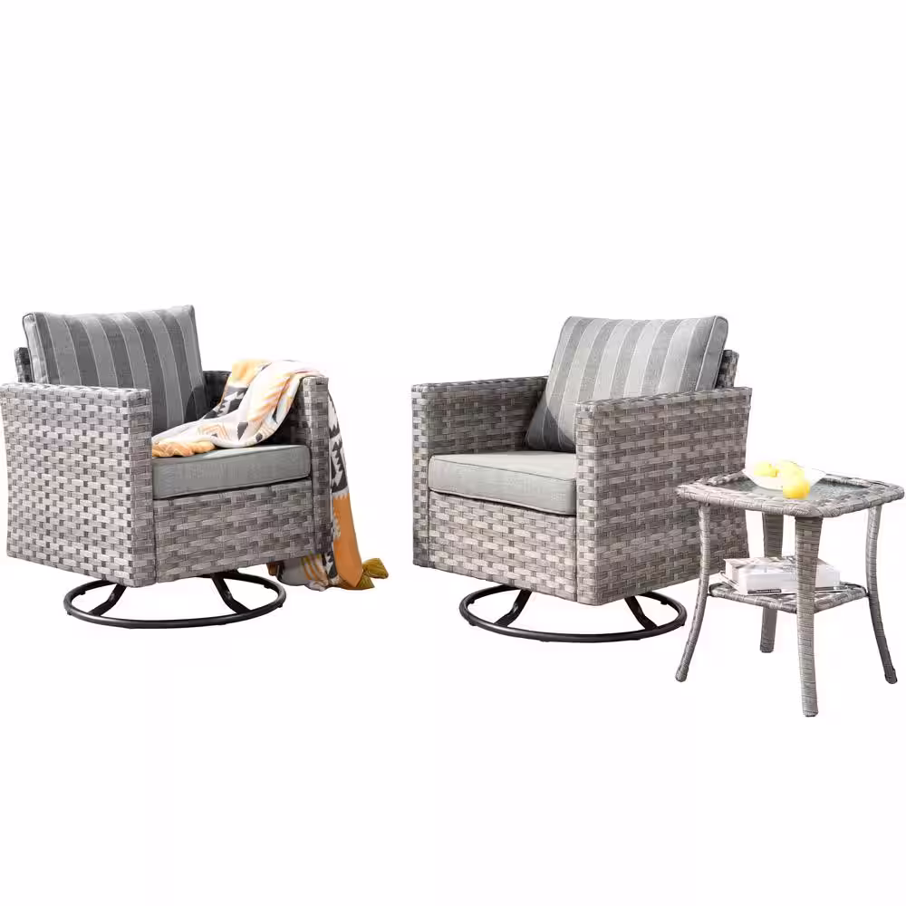 None Tahoe Grey 3-Piece Wicker Outdoor Patio Conversation Swivel Chair Set with a Side Table and Striped Grey Cushions