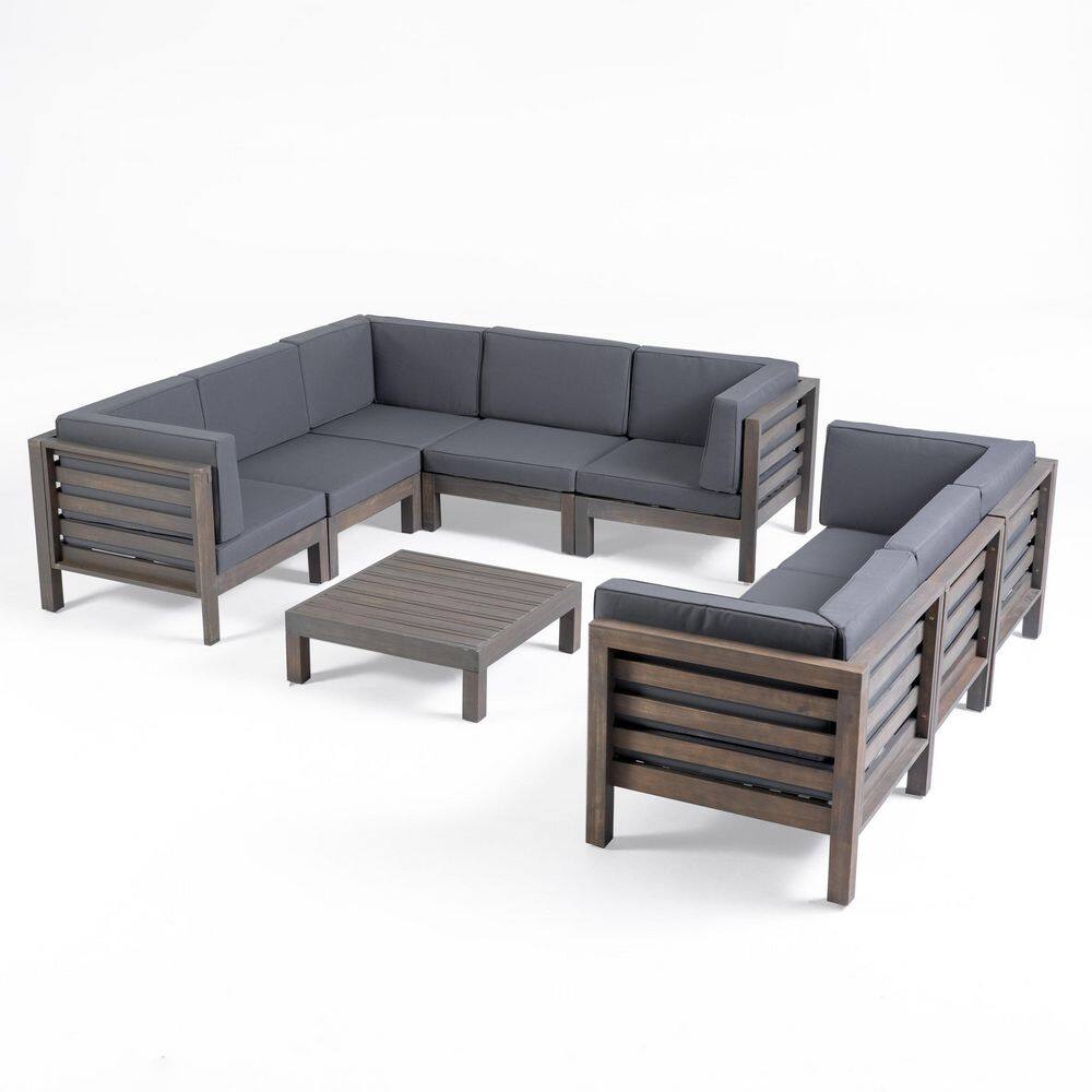 Noble House Oana Grey 9-Piece Wood Patio Conversation Sectional Seating Set with Dark Grey Cushions