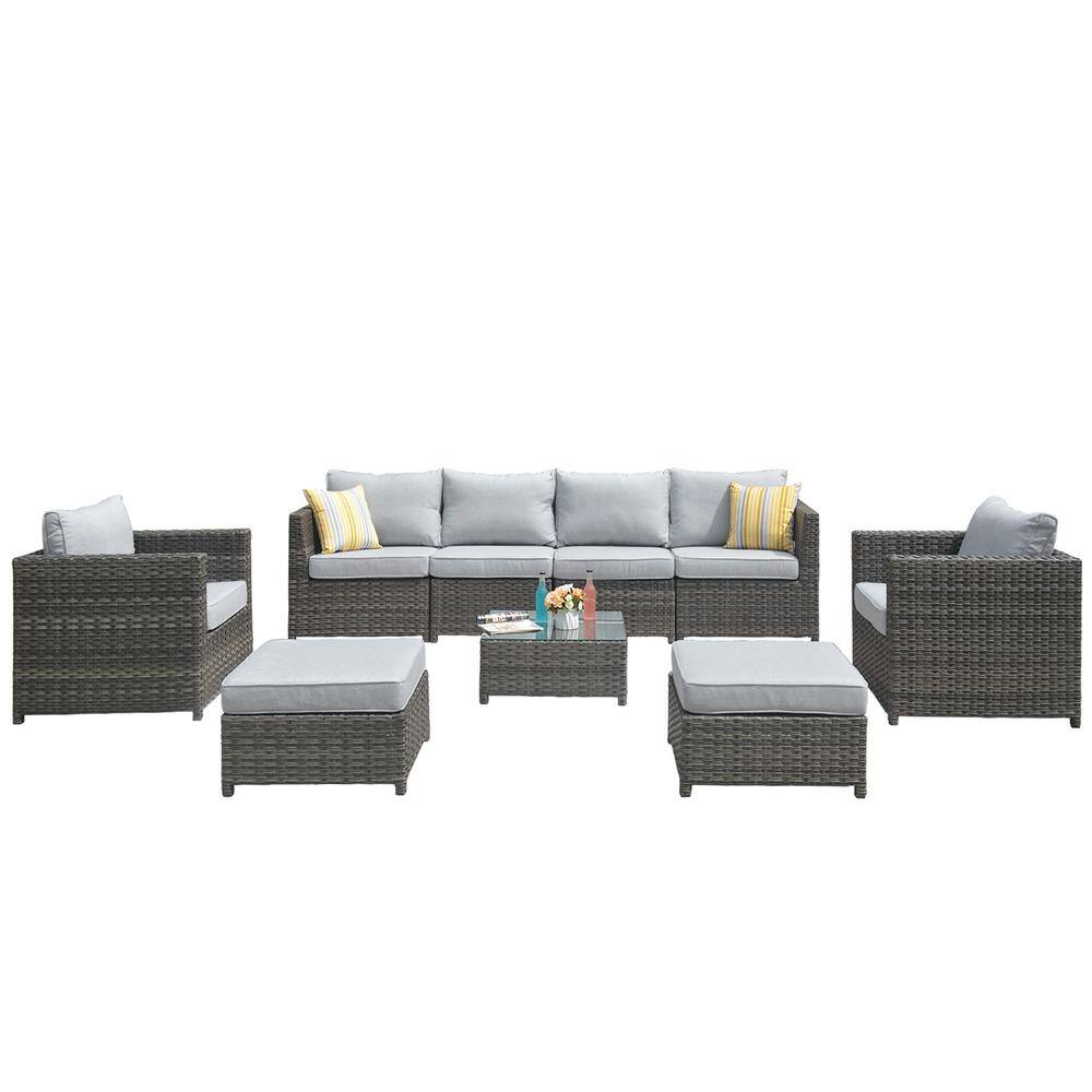 XIZZI Ontario Lake Gray 9-Piece Wicker Outdoor Patio Conversation Seating Set with Grey Cushions