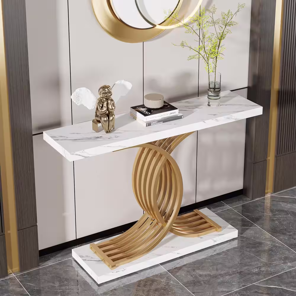 None Catalin 40 in. White Rectangle Wood Console Table, Modern Sofa Table with Geometric Frame