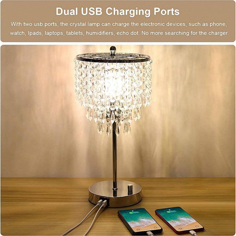 YANSUN 17 in. Chrome LED Integrated Table Lamp with 3-Way Dimmer Rotary Switch and Dual USB Charging Ports