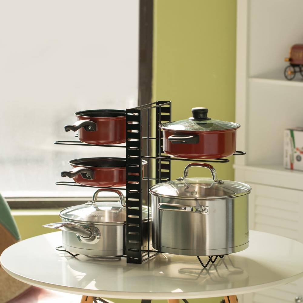 Basicwise Black Iron Pan Organizer 8 Adjustable Tiers, Kitchen Pans and Pot Organizer