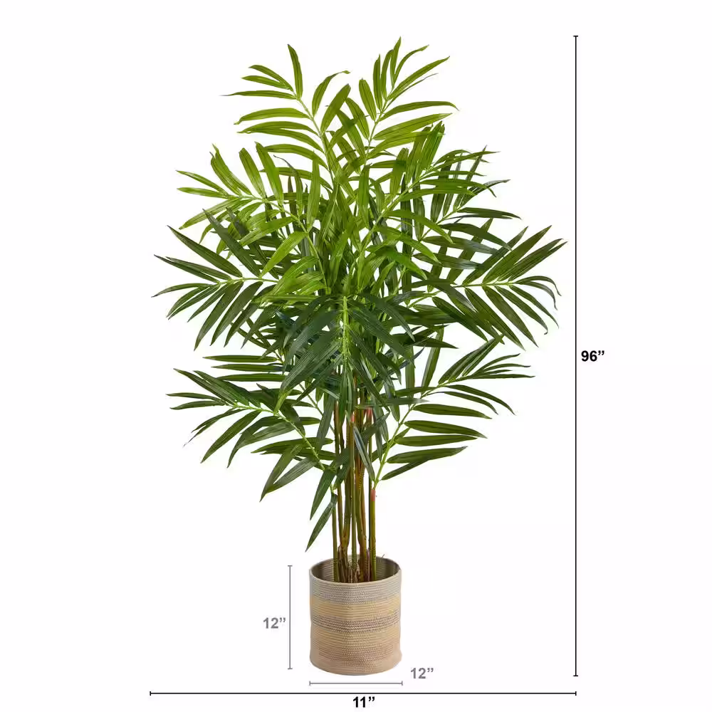 Nearly Natural 8 ft. Green King Palm Artificial Tree in Handmade Natural Cotton Multicolored Woven Planter