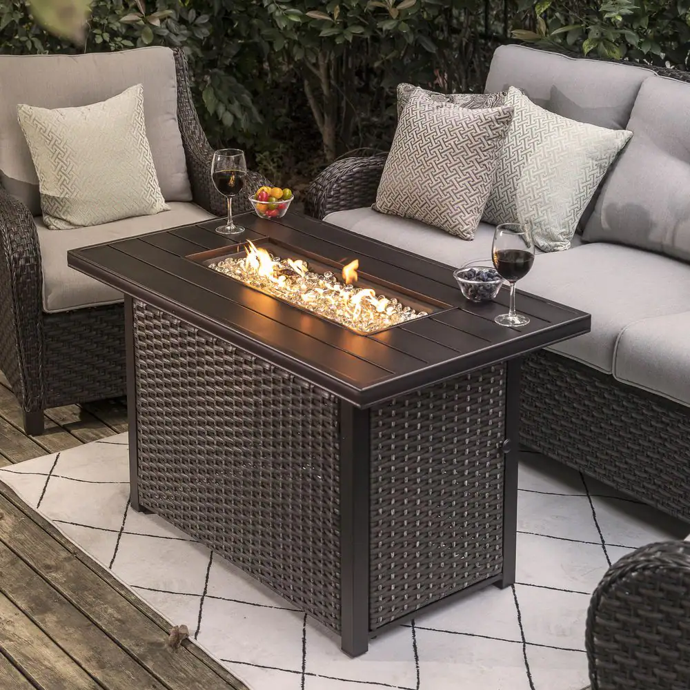 Nuu Garden Brown 43 in. 50000 BTU Rectangular Wicker Aluminum Propane Gas Outdoor Fire Pit Table with Removable Lid Fire Glass