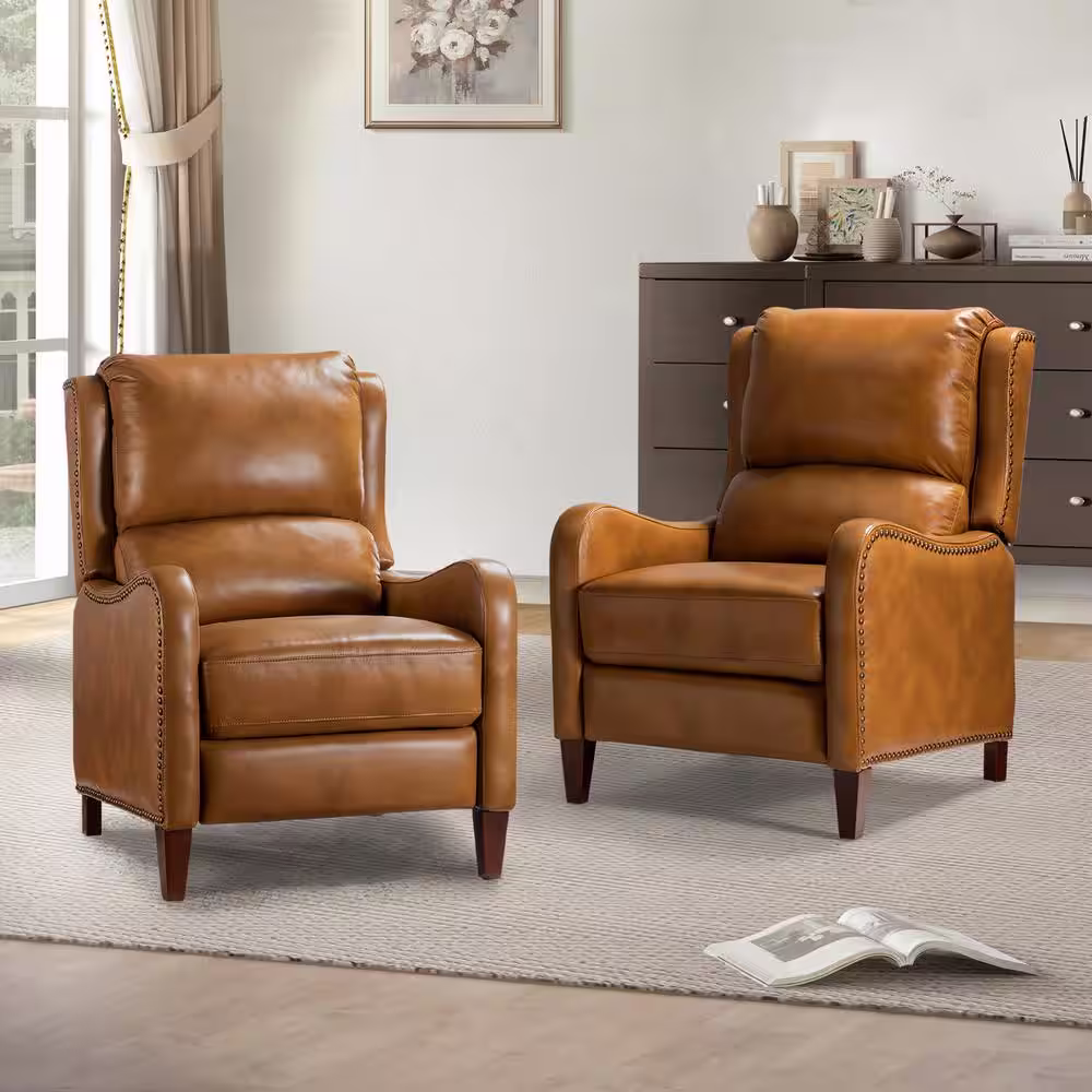 JAYDEN CREATION Hyde Modern Retro Camel Genuine Cigar Leather Recliner with Nailhead Trim (Set of 2)