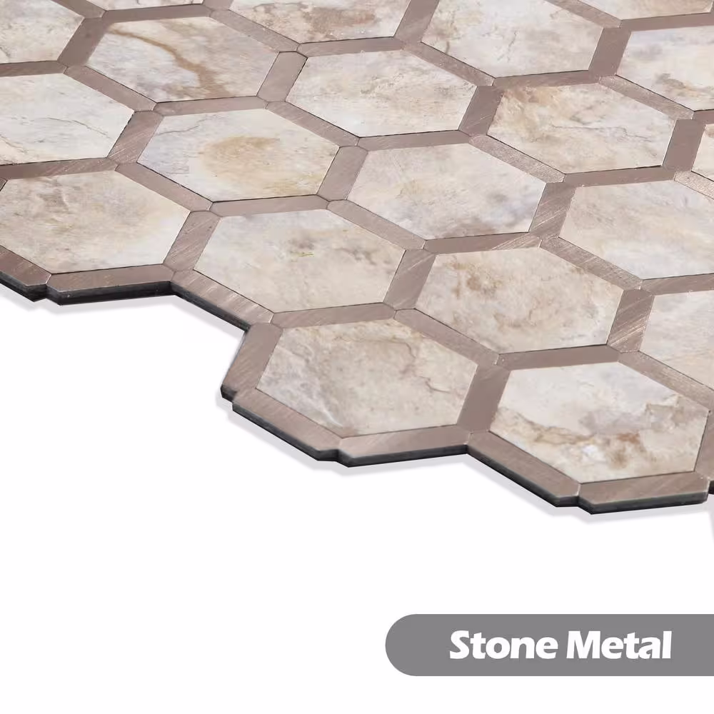 None Hexagon Ecru with Gold 12 in. x 12 in. PVC Peel and Stick Backsplash Wall Tile (5 sq.ft./5-Sheets)