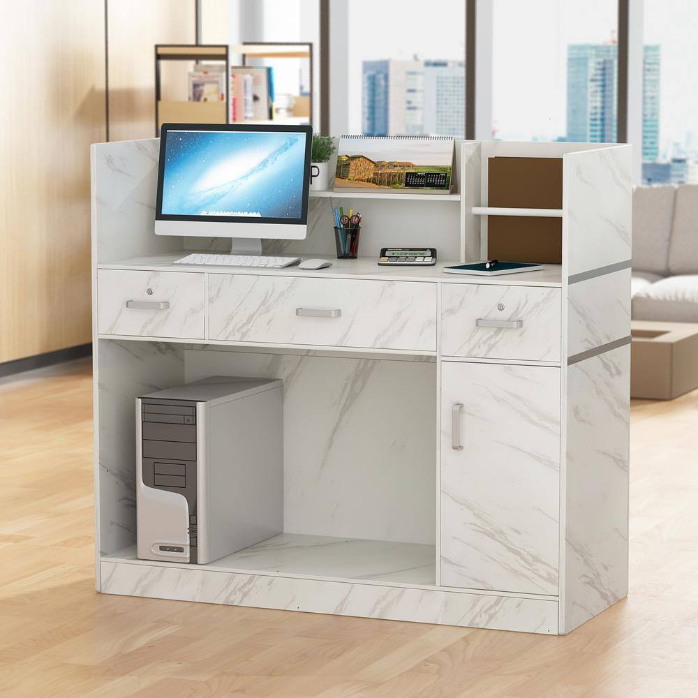 FUFU&GAGA 47.2 in. Rectangle Marble Wood Writing Desk Reception Desk Executive Computer Workstation W/Lockable Drawers, Cabinet