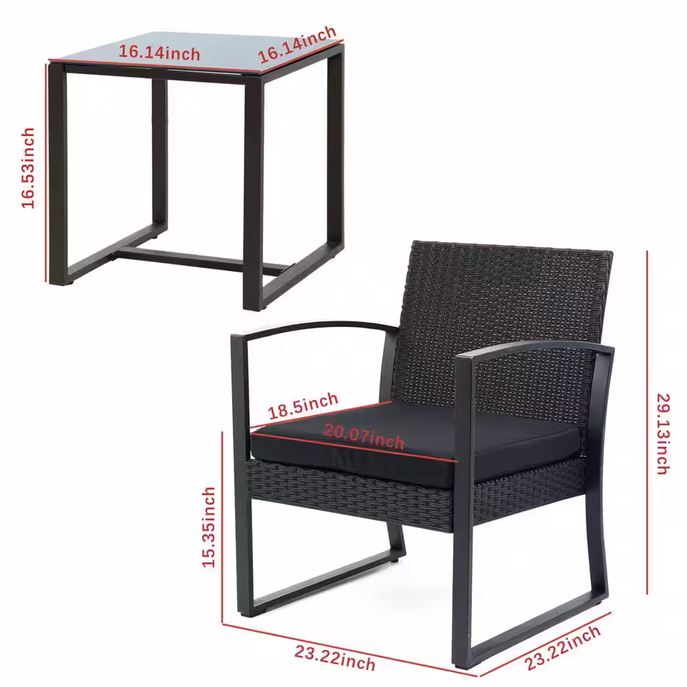 None 3-Piece Wicker Patio Conversation Set Coffee Table and 2 Rattan Chair with Black Cushions