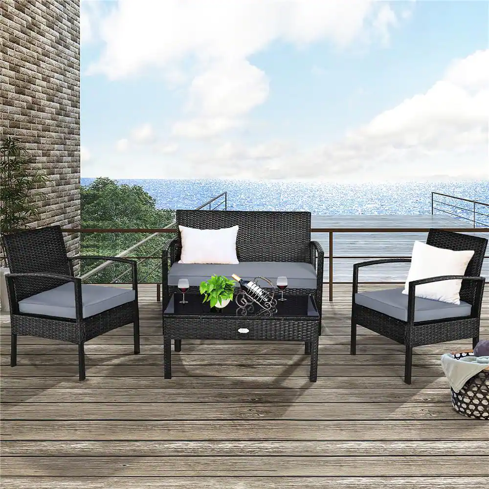 Costway 4-Piece Wicker Patio Conversation Set with Gray Cushions