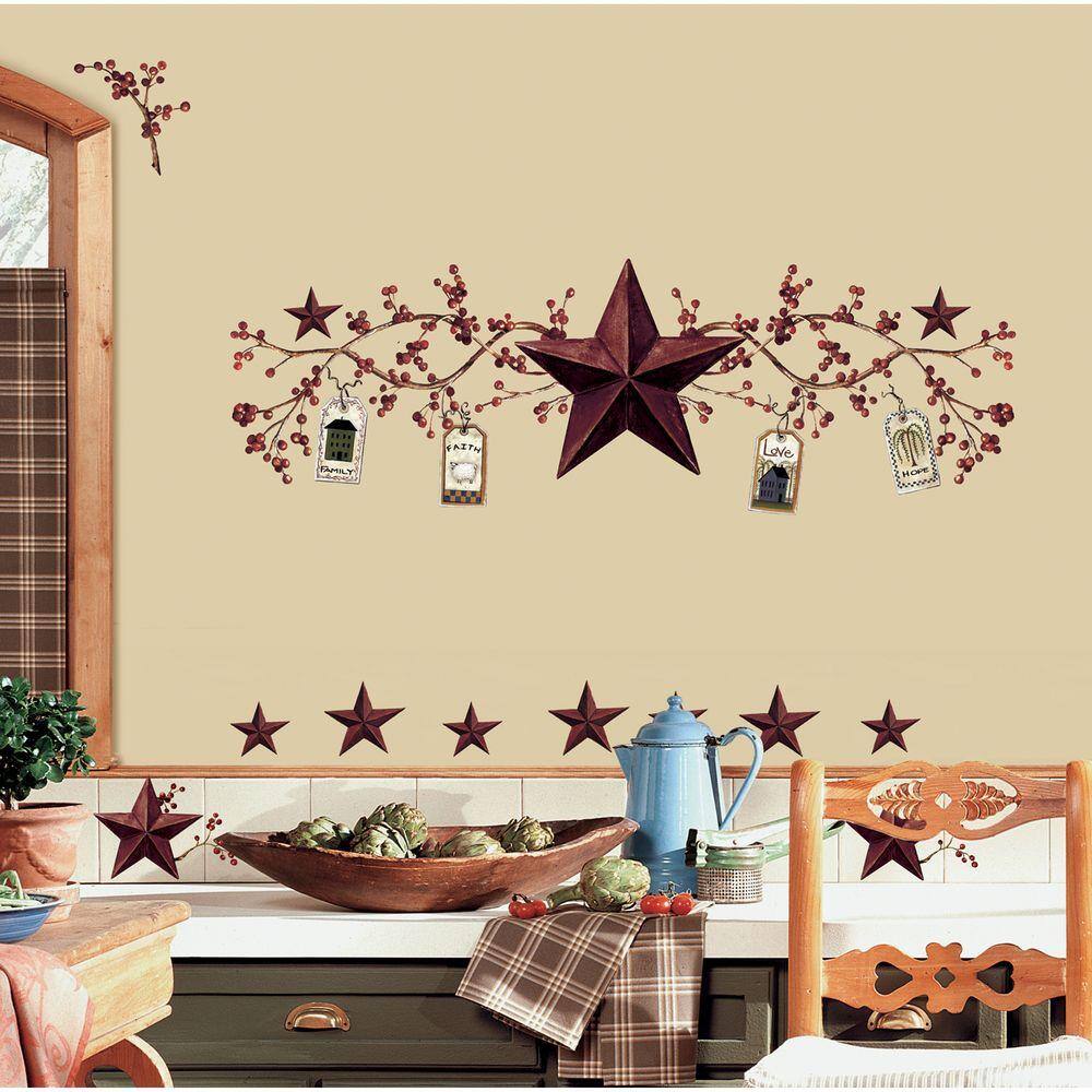 RoomMates 18 in. x 40 in. Country Stars and Berries 40-Piece Peel and Stick Wall Decals
