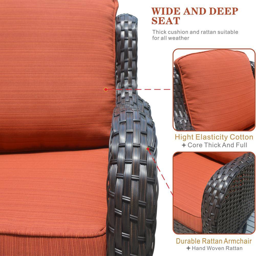 None Moonlight Brown 10-Piece Wicker Patio Conversation Seating Sofa Set with Orange Red Cushions and Swivel Rocking Chairs