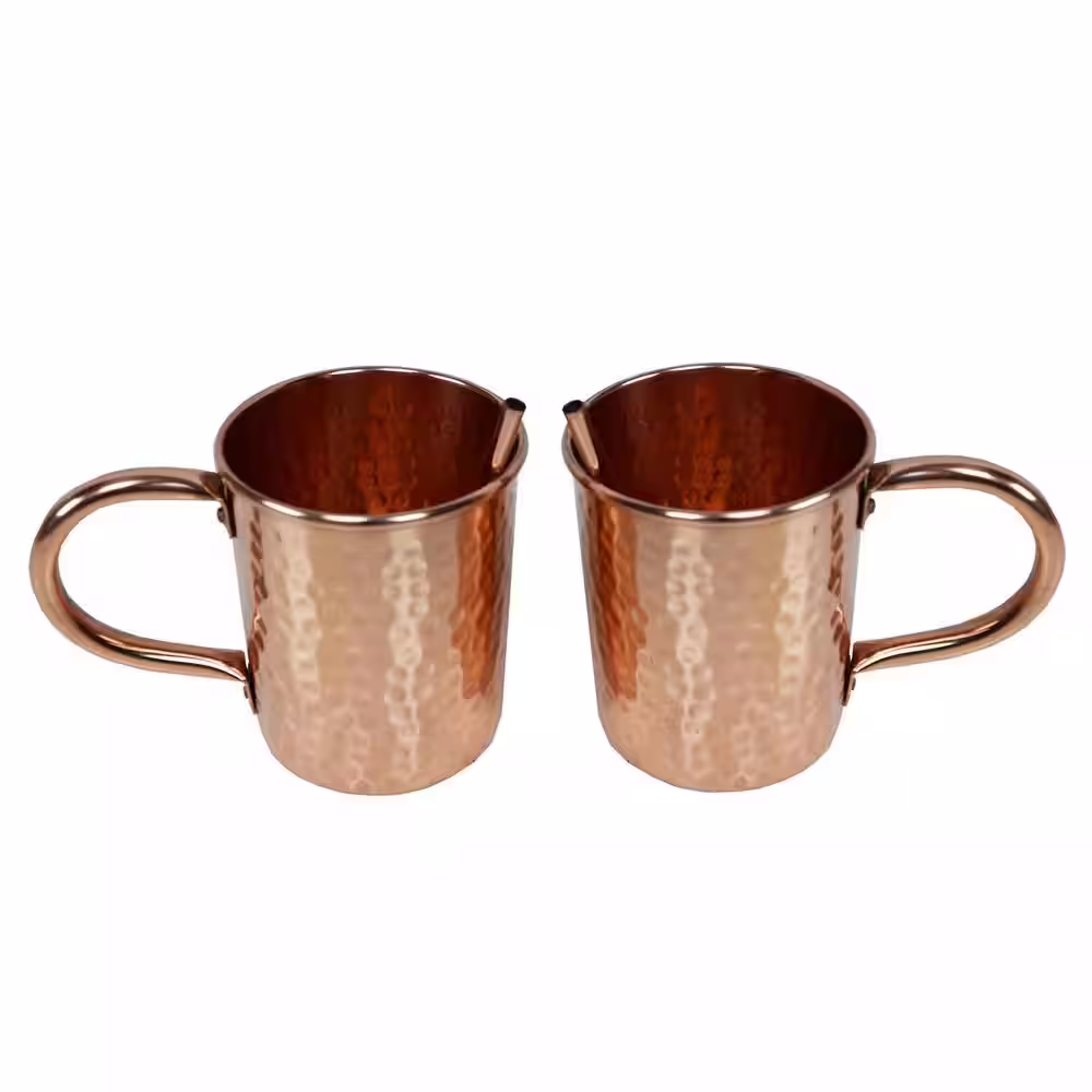 Oakland Living Solid Straight Pair of 100% Copper Mule Mug Cups with Straws 16 oz Hammered Handcrafted 5.5