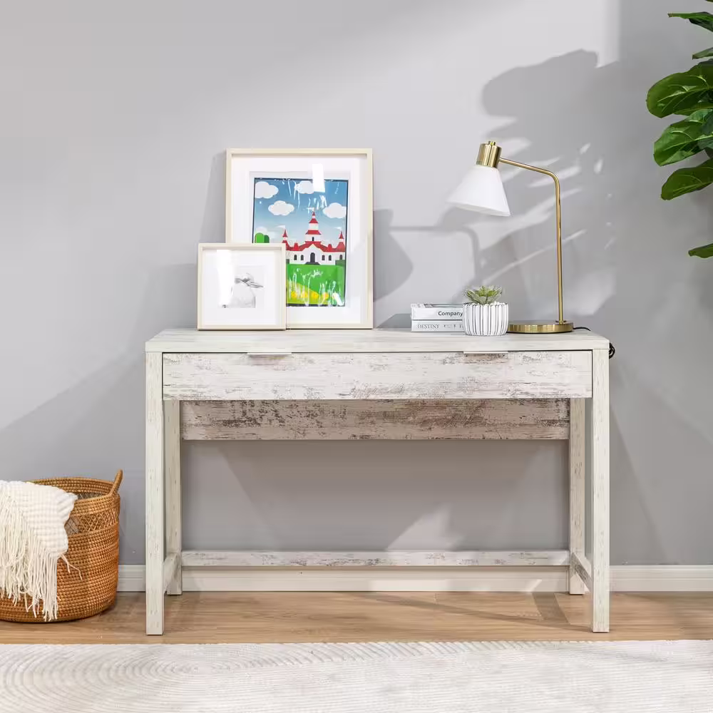None Willow Farmhouse 18.9 in. Rectangular White Wood 1-Drawer Computer Desk