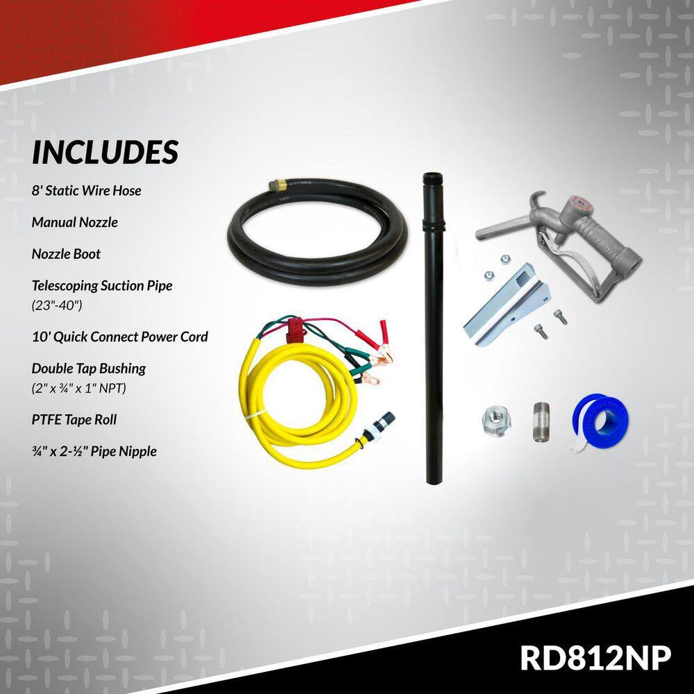 FILL-RITE 12-Volt 8 GPM 1/6 HP Portable Fuel Transfer Utility Pump with Nozzle, Suction Pipe and 8 in. Hose