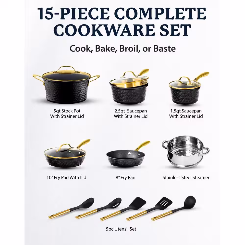 GRANITESTONE Charleston Collection 15-Piece Aluminum Hammered Nonstick Cookware Set with Utensils in Black