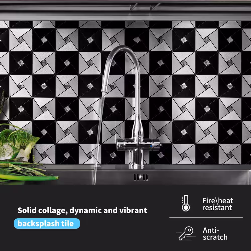 Art3d Black and Silver 12 in. x 12 in. Metal Peel and Stick Tile Backsplashes, Windmill Puzzle Glass Mixed (9.6 sq. ft./Box)