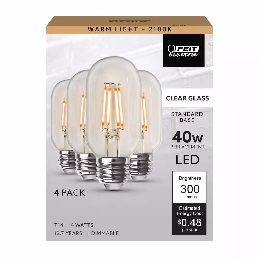 Feit Electric 40-Watt Equivalent T14 Dimmable Straight Filament Clear Glass E26 Vintage Edison LED Light Bulb, Warm White (12-Pack)