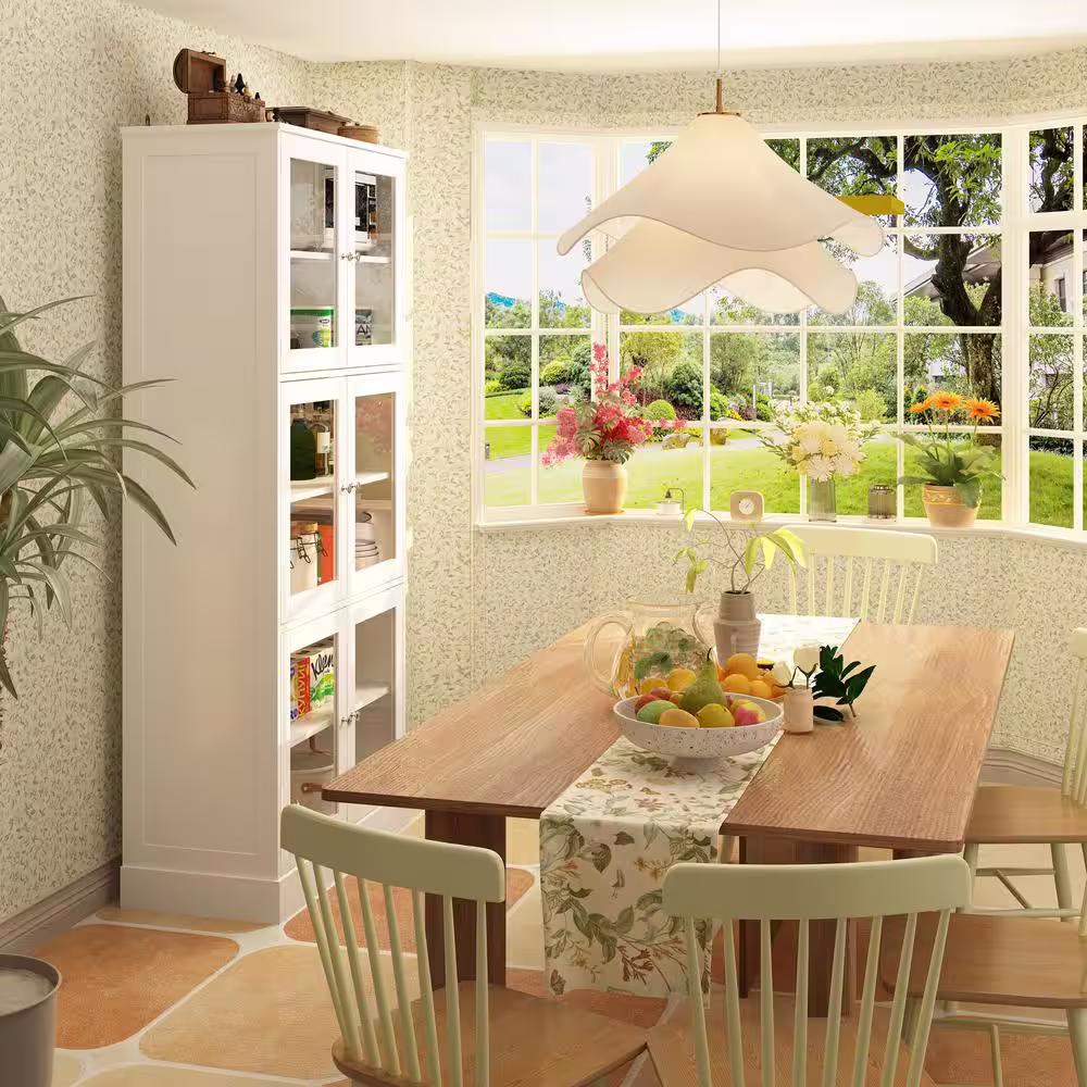 FUFU&GAGA 67.9 in. Tall White Wooden 6 Shelves Standard Bookcase, Storage Cabinet with Visible Tempered Glass Doors