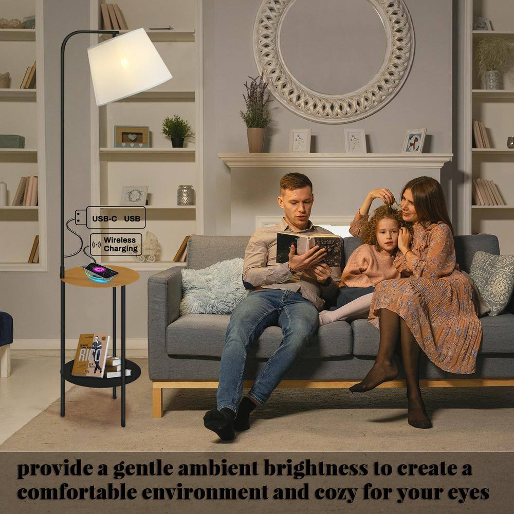 Cedar Hill 65 in. Black Floor Lamp with USB Ports Wireless Charging and Table