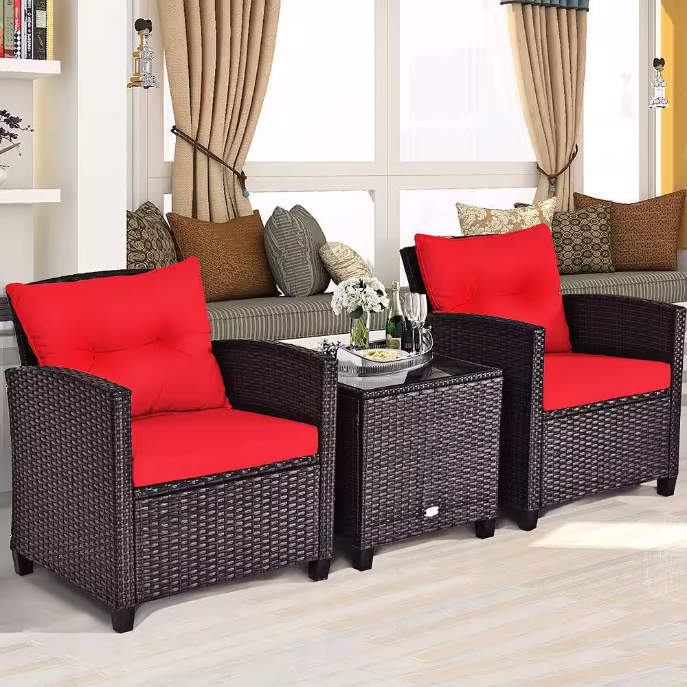 Costway Mix Brown 3-Piece Rattan Wicker Patio Conversation Set Sofa Coffee Table with Red Cushions