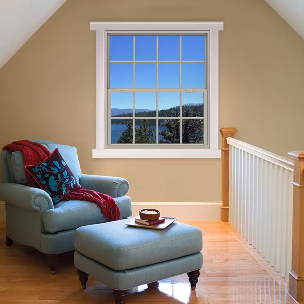 JELD-WEN 42 in. x 54 in. V-4500 Series Desert Sand Single-Hung Vinyl Window with 8-Lite Colonial Grids/Grilles