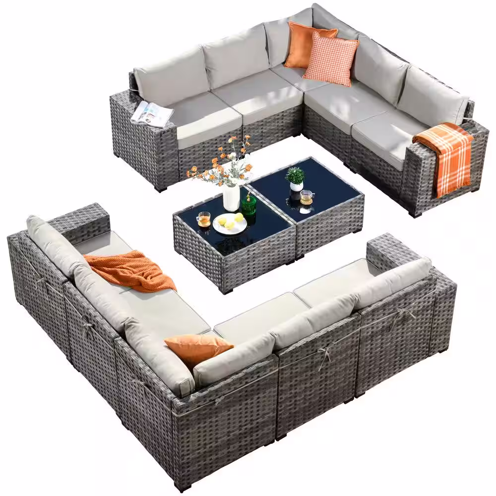 HOOOWOOO Crater Gray 12-Piece Wicker Outdoor Wide-Plus Arm Patio Conversation Sofa Seating Set with Beige Cushions