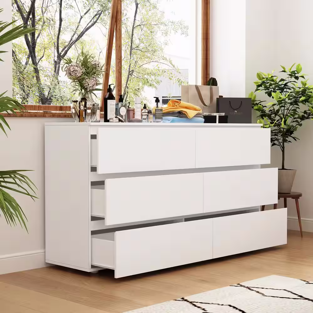 None 15.7 in. D x 32.3 in. H 6-Drawers White Wood 59 in. W Dresser Organizer