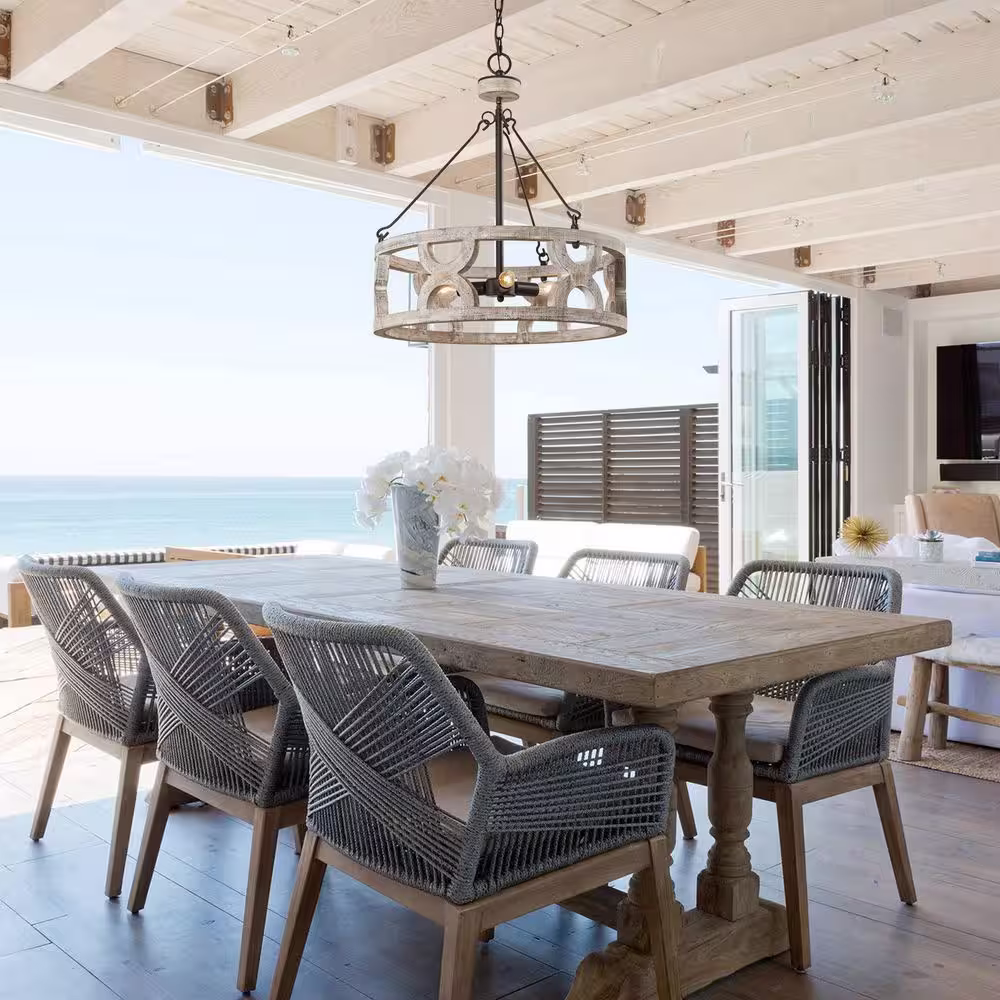 Flint GARDEN Farmhouse 3-Light Distressed White Wood Drum Chandelier Dining Room Pendant Lighting