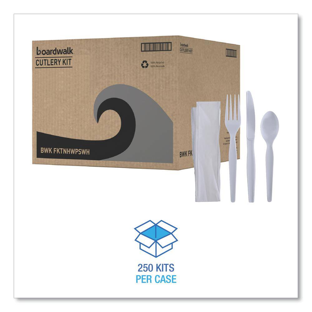 Boardwalk White Heavyweight Disposable Polystyrene Utensils, 4-Piece Cutlery Kit, Fork/Knife/Napkin/Teaspoon (250-Carton)