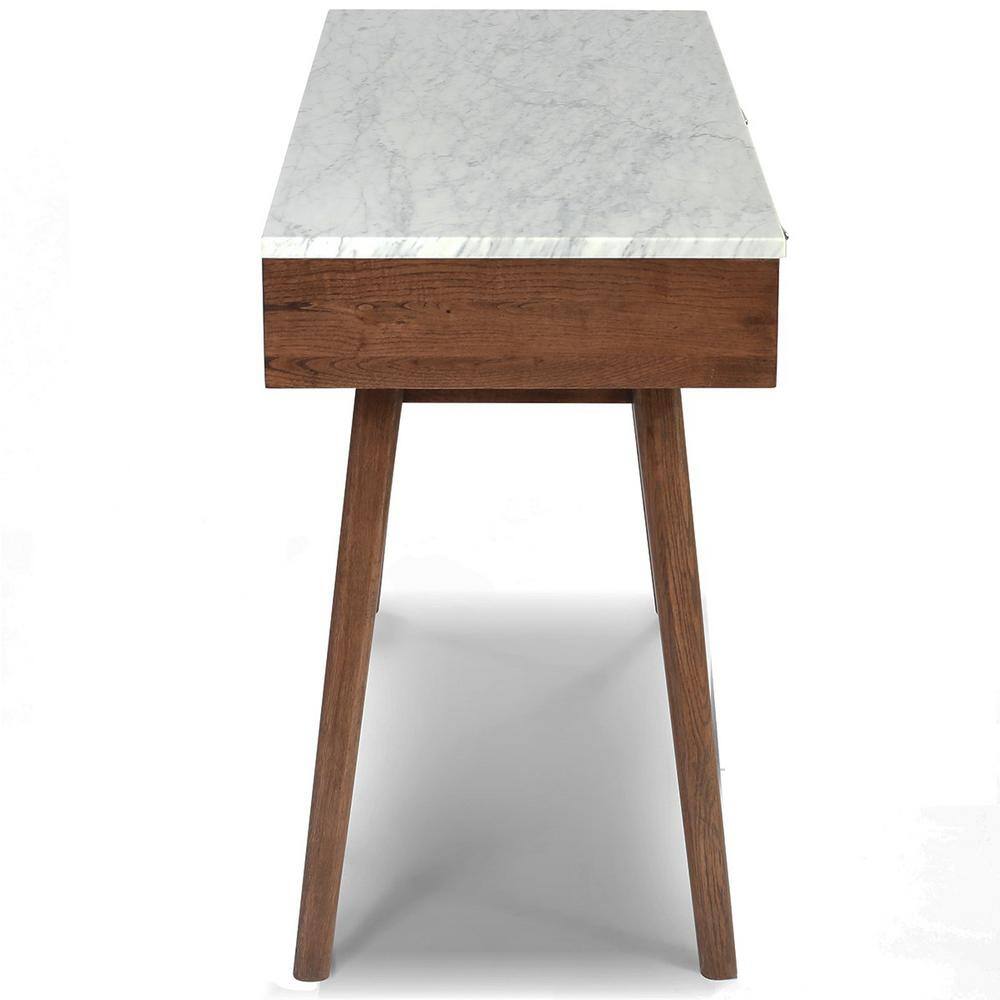 AndMakers Viola 44 in. Rectangular Carrara White Wood 2-Drawer Writing Desk with Walnut Legs and Marble Top