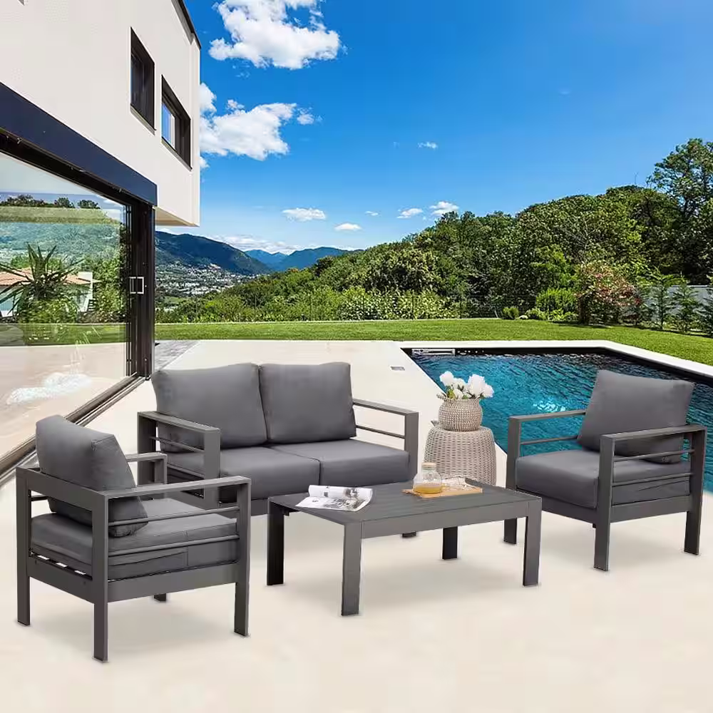 SUNVIVI Grey 4-Piece Aluminum Patio Conversation Set with Dark Grey Cushions