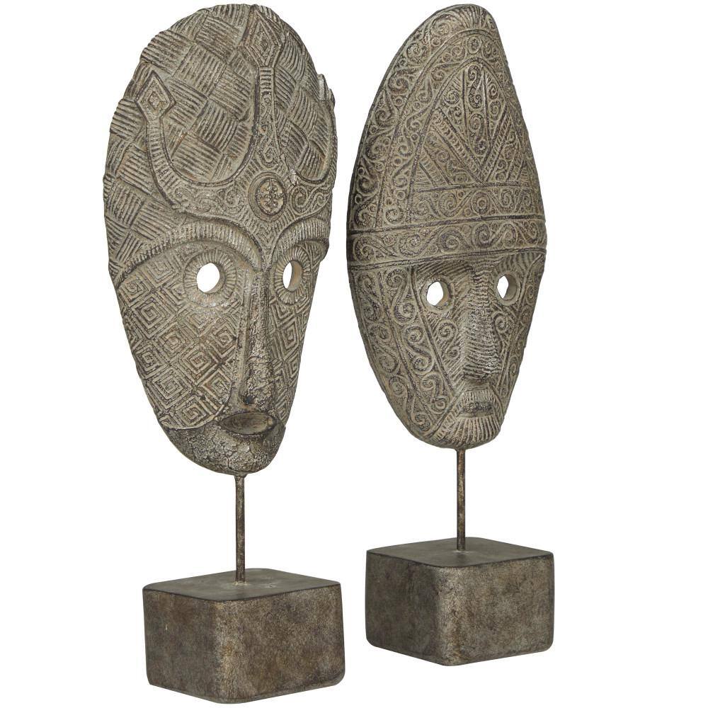 Litton Lane Gray Polystone Handmade Carved Mask Sculpture (Set of 2)