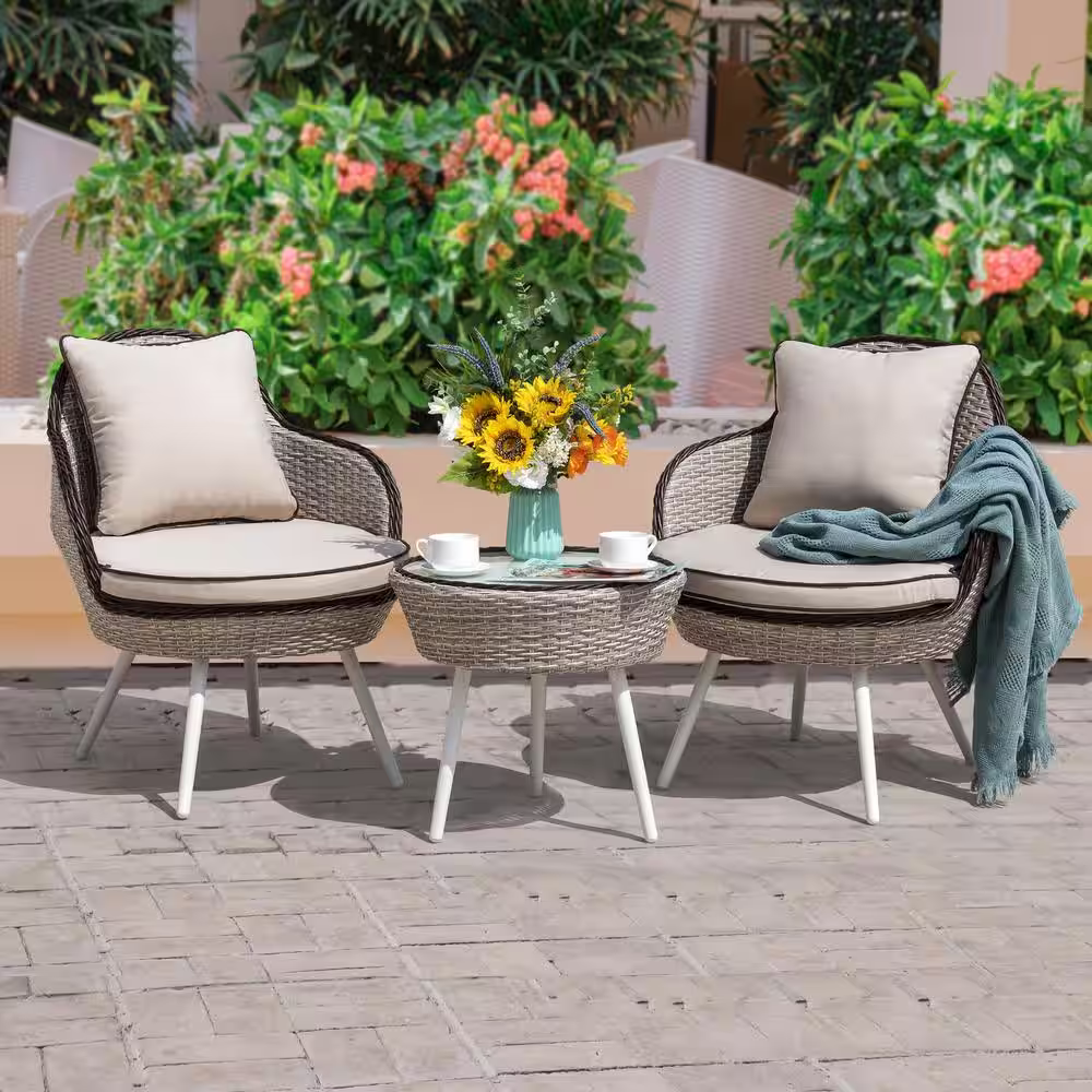 Nuu Garden 3-Piece Wicker Patio Conversation Set Outdoor Bistro Set with Beige Cushion