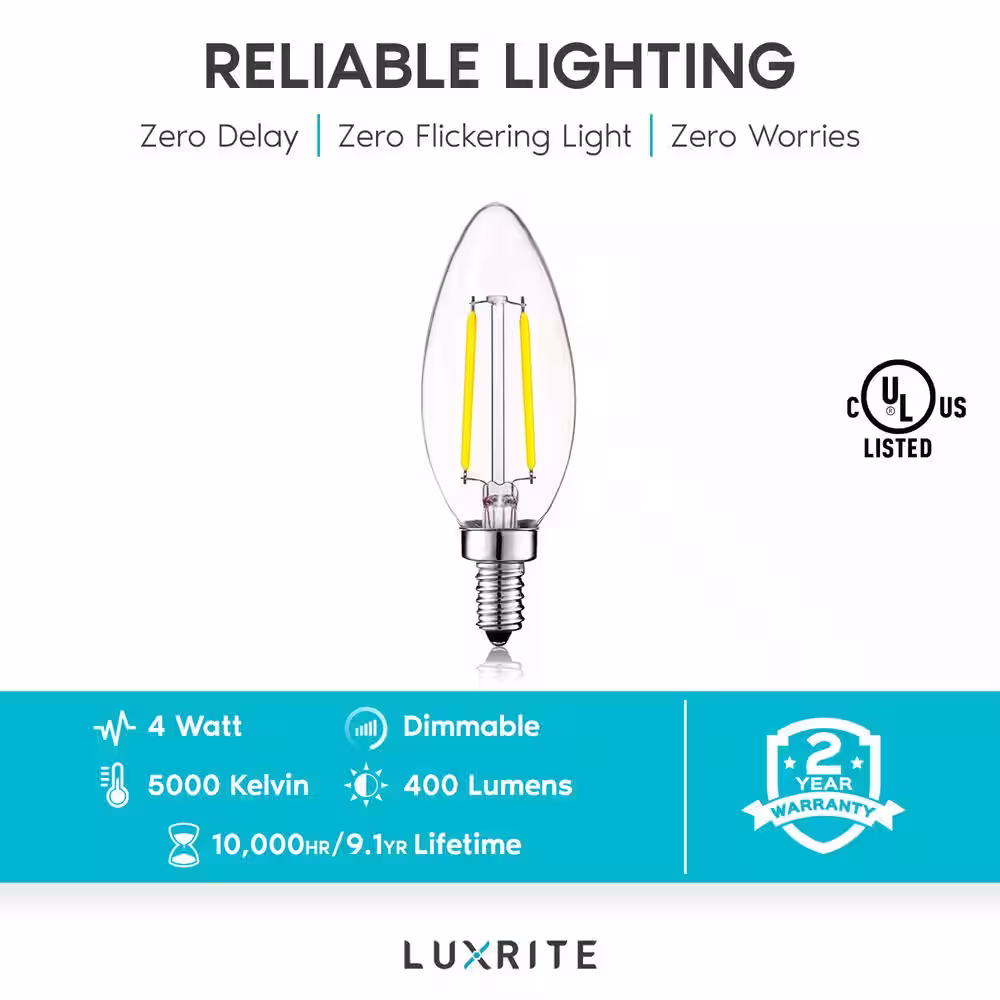 LUXRITE 40-Watt Equivalent B10 Vintage Dimmable 400 Lumens LED Bulb 5000K Bright White (16-Pack)