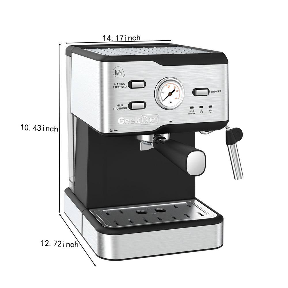 None 2-Cup Stainless Steel 20-Bar Espresso Machine with ESE POD Filter, Milk Frother Steam Wand, Thermometer, Water Tank
