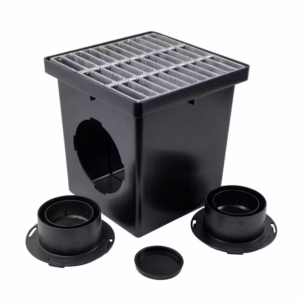 NDS 12 in. Square Catch Basin Drain Kit with 2-Opening Catch Basin Steel Grate 2-Outlet Adapters 1-Outlet Plug