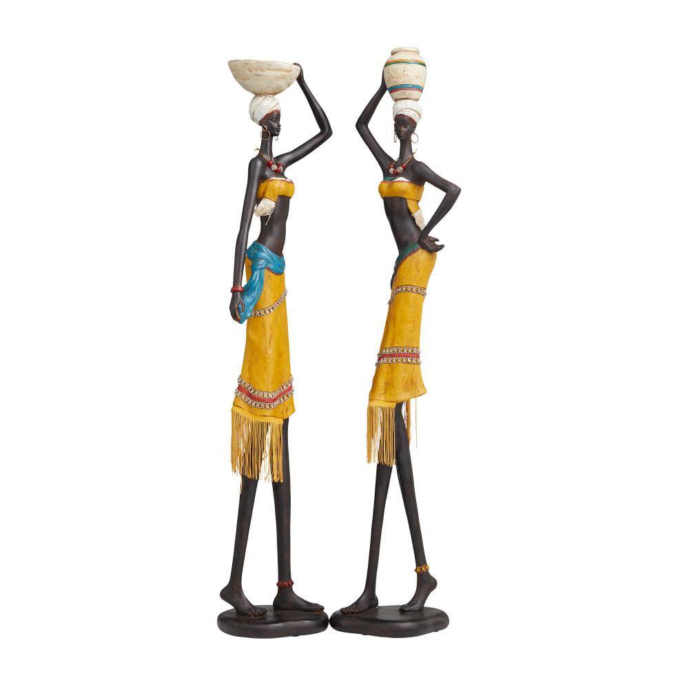 Litton Lane Yellow Resin Handmade African Woman People Sculpture with Water Jugs and Jeweled Details (Set of 2)
