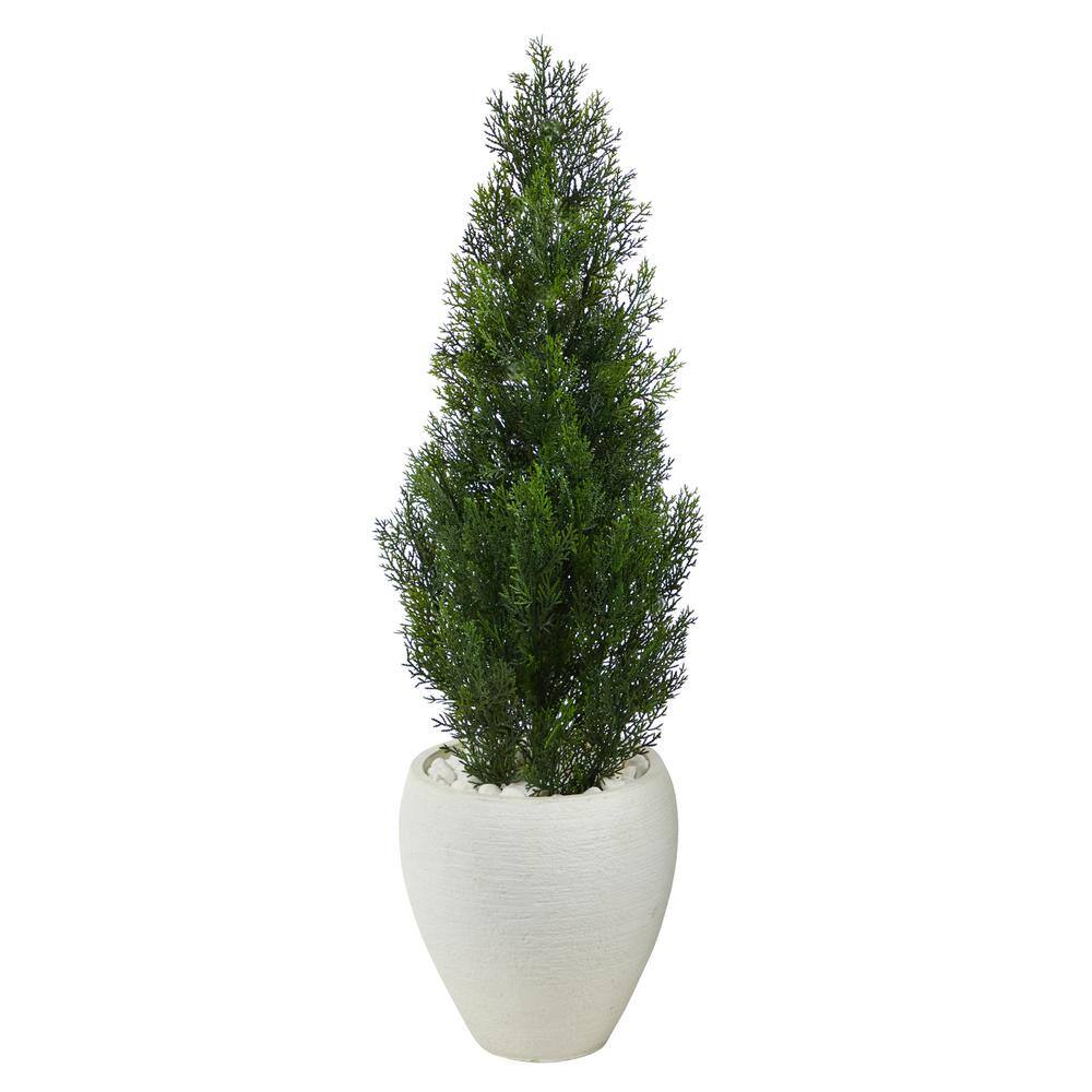 Nearly Natural 3.5 ft. Indoor/Outdoor Mini Cedar Artificial Pine Tree in White Planter UV Resistant