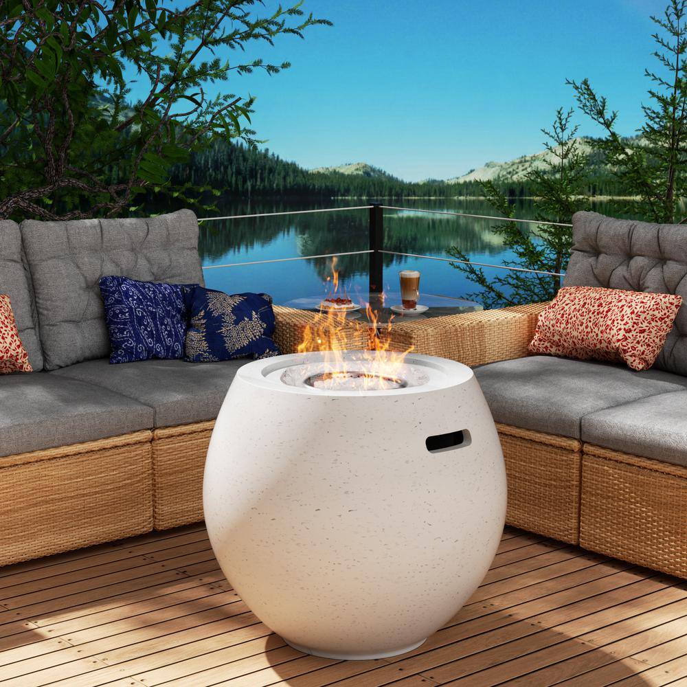 None 40000-BTU 21.25 in. W White Concrete Propane Stainless Steel Round Picnic Tables Outdoor Fire Pit Table with Lid