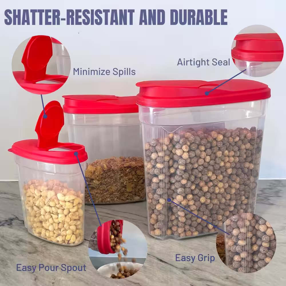 None Plastic 3-Piece Cereal Dispenser Set with Red Lids - Dry Food Storage Containers