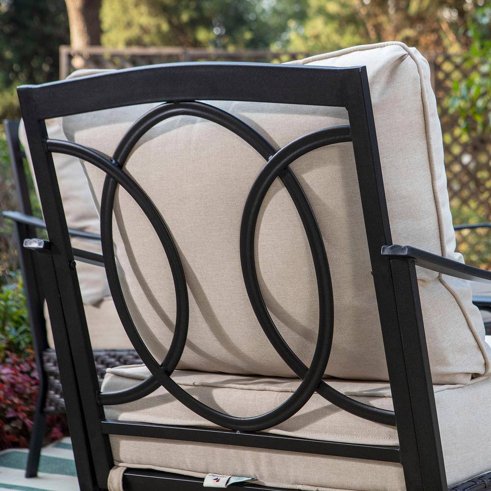 None Black Rattan 7 Seat 6-Piece Steel Outdoor Patio Conversation Set with Beige Cushions, Table with Wood-Grain Top