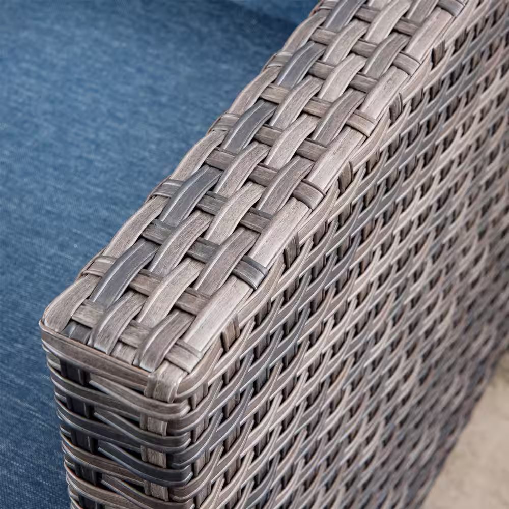 XIZZI Neptune Gray 8-Piece Wicker Patio Conversation Seating Sofa Set with Denim Blue Cushions and Swivel Rocking Chairs