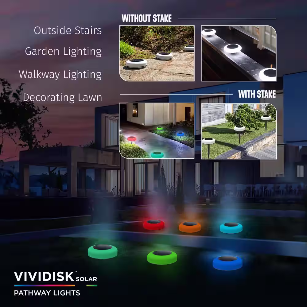 Bell + Howell Solar Powered White 3-Modes LED Path Lights Outdoor Landscape Color Changing Disk Pathway (4-Pack)