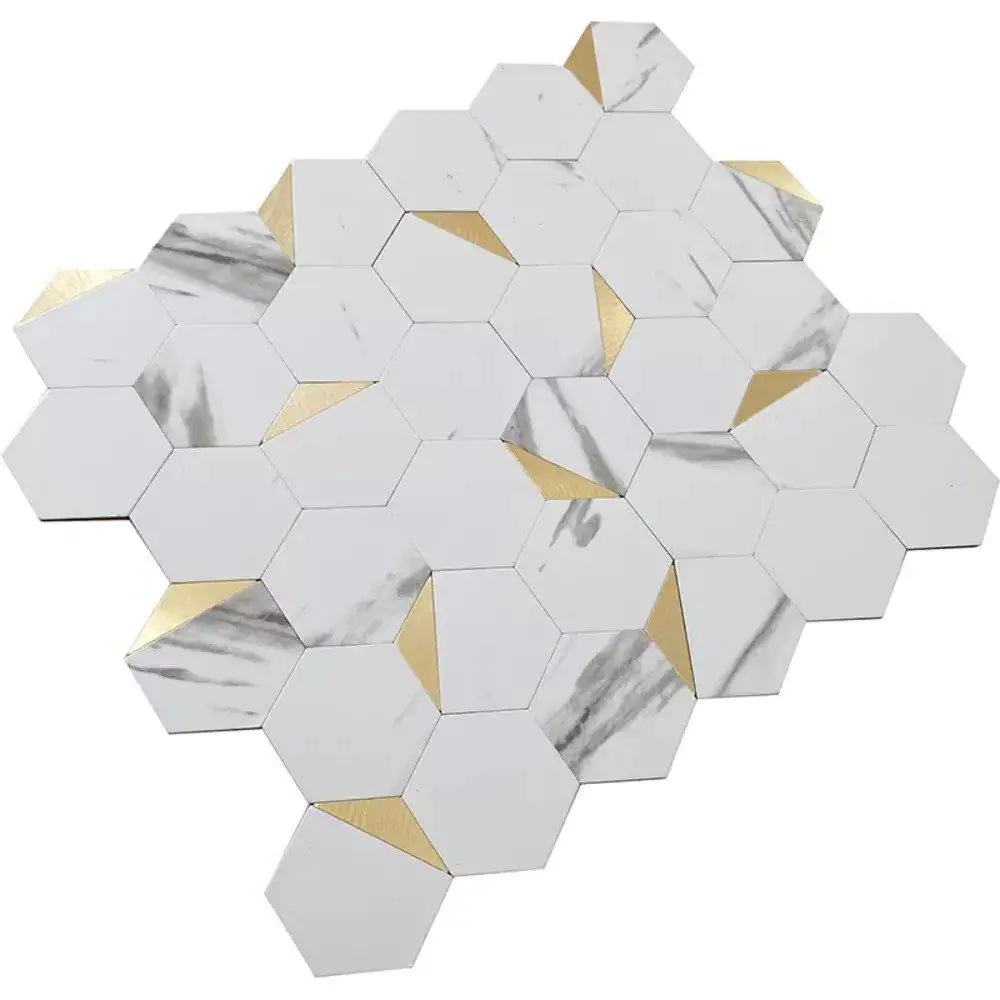 Apollo Tile Hexagon White and Gold 11.8 in.x10.2 in. Metal Peel and Stick Backsplash Tile for Kitchen and Bathroom (8.3 sq ft/Case)