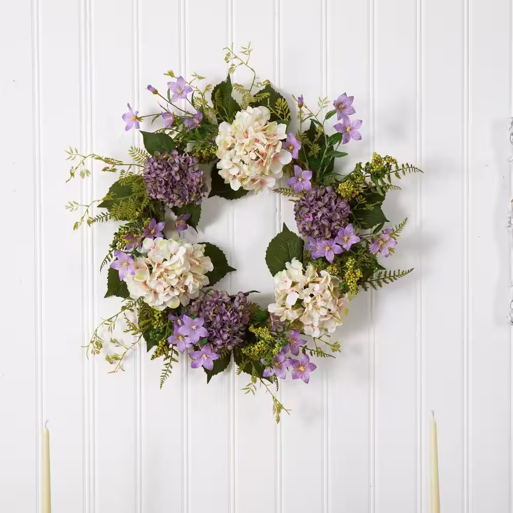 Nearly Natural 24 in. Indoor Artificial Hydrangea Berry Wreath