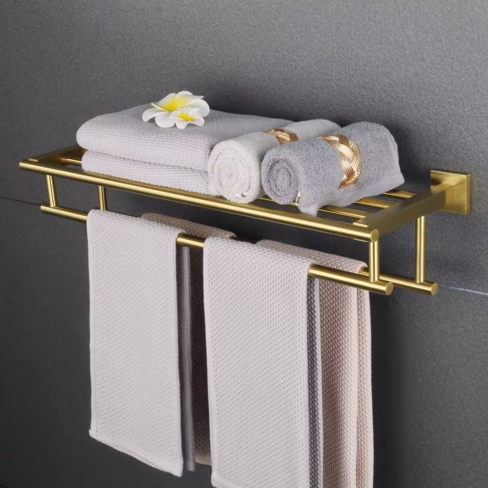 None 24 in. Wall-Mounted Lavatory 304 Stainless Steel Towel Rack with 2 Towel Bars in Brushed Gold Finish