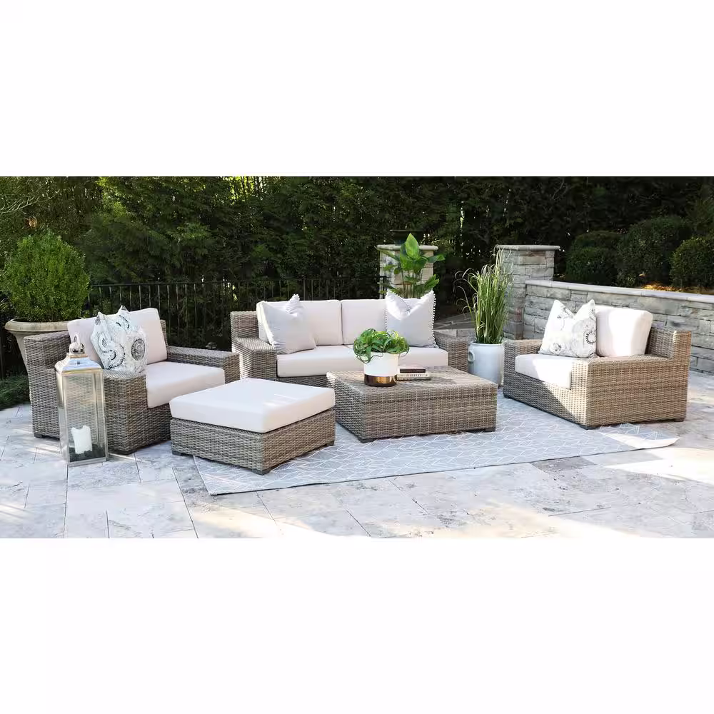 Canopy Oakley 5-Piece Resin Wicker Patio Deep Seating Set with Sunbrella Canvas Flax Cushions